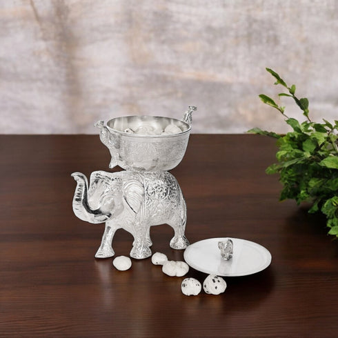 Handcrafted German Silver Elephant Bowl with Lid - Traditional Indian Dry Fruit Bowl for Home Decor & Gifting